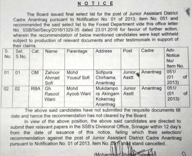 Selection list JKSSB 1 Selection List of Jammu and Kashmir State Selection Board Posts.